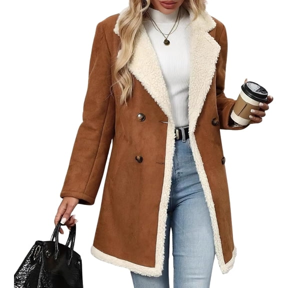 Womens Sherpa Fleece Lined Faux Suede Leather Jacket Coat Winter Notch Lapel Double Breasted Peacoat for Women