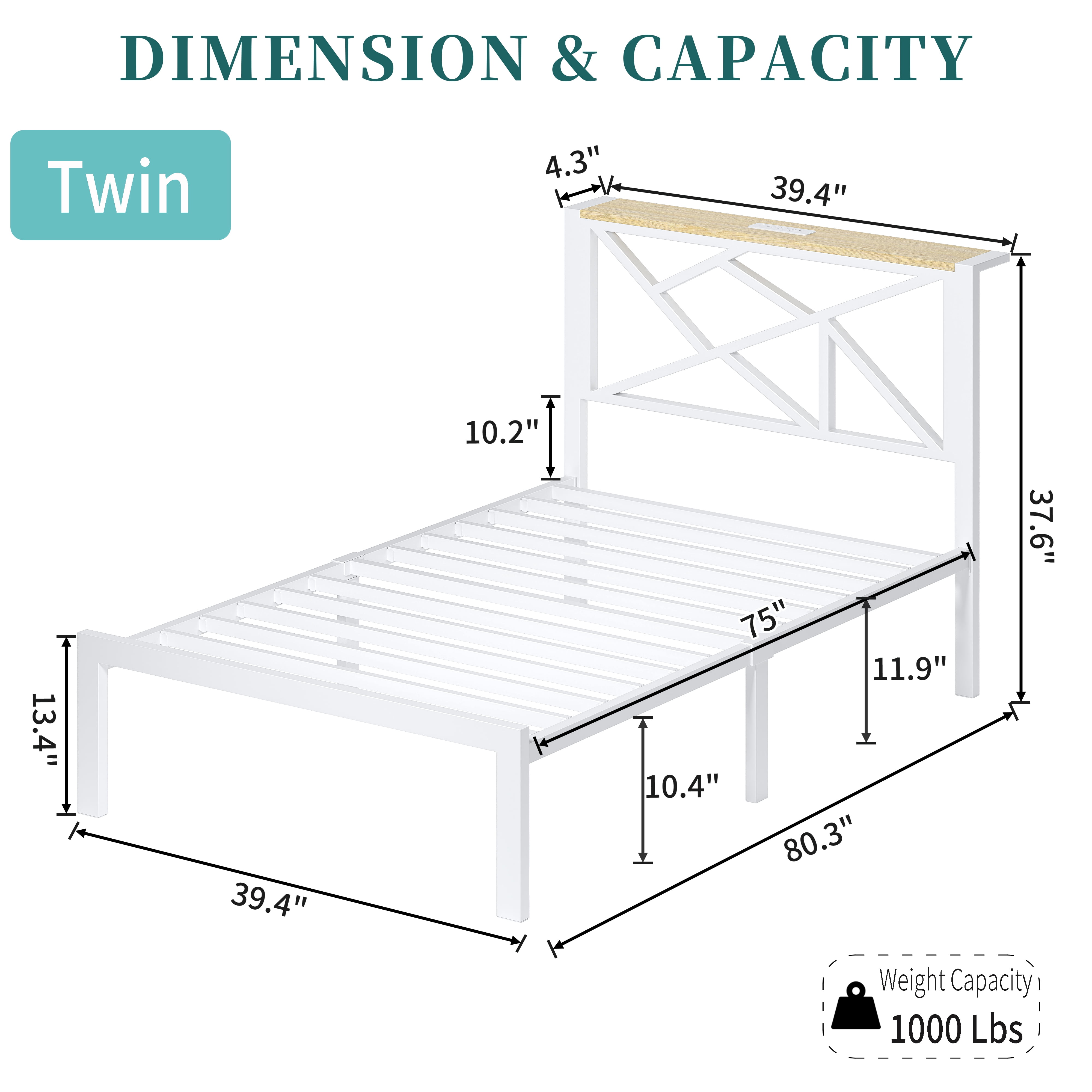 ChicZhiNest Twin Size Bed Frame with Wooden Storage Headboard & LED Lighting, USB Charging Station, Stable Metal Bed Frame, Noise Free Design, White