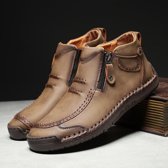 Men’s Slip-On Orthopedic Leather Boots,Men’s Handmade Premium Leather Slip-On Driving Boots,Men Side Zipper Orthopedic Shoes for Driving Hiking