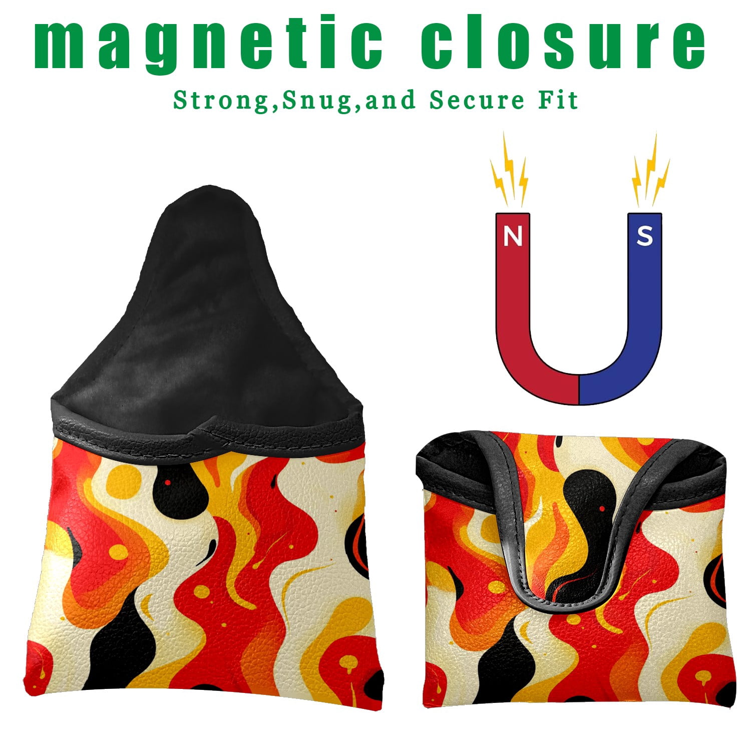 Golf Mallet Putter Cover Premium Leather Waterproof Golf Putter Head Cover with Magnetic Closure Red And Yellow Abstract Pattern