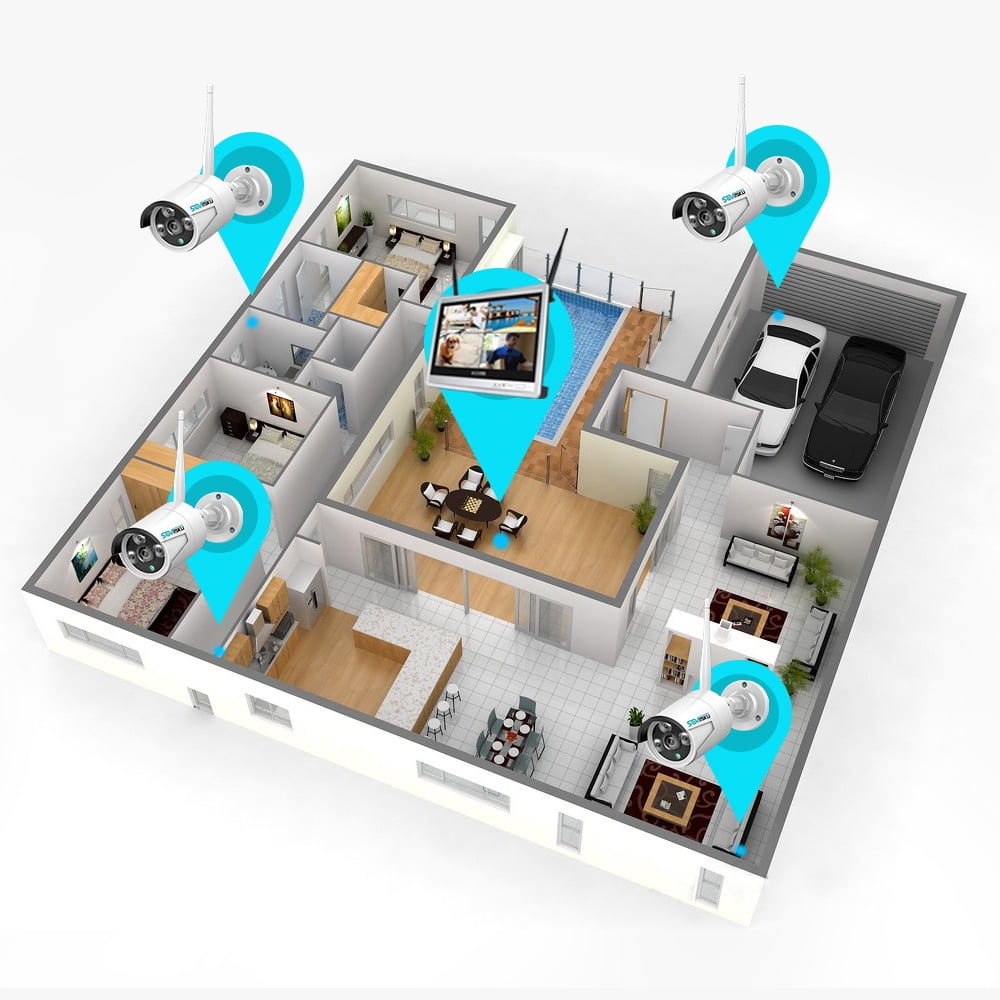 Sovmiku 4Pcs 3MP Security Camera System with 12.1" Monitor, 3TB Hard Drive, Color Night Vision , IP66 Waterproof, Motion Alert