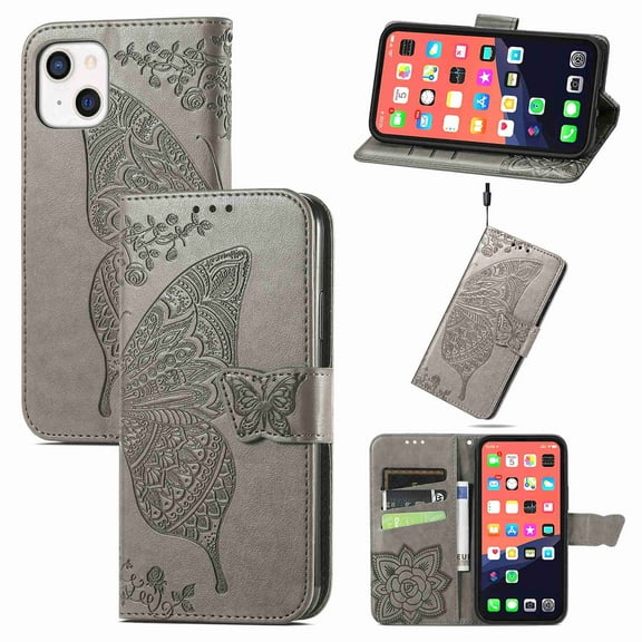 Dteck Wallet Embossed Case For Apple iPhone 13 Mini, Magnetic [Built-in Credit Card Slots] Flip Folio PU Leather Cover Case with Flower Butterfly Pattern,gray