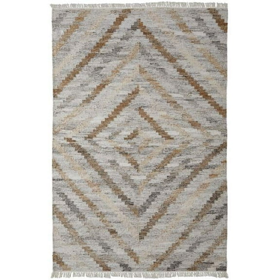 HomeRoots  9 x 12 ft. Ivory Gray & Tan Geometric Hand Woven Stain Resistant Rectangle Area Rug with Fringe