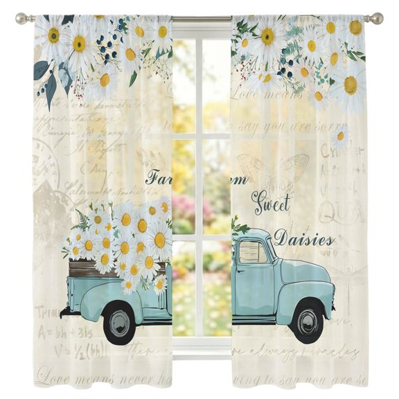 Teal Truck with Daisy Sheer Curtains 72 Inch Long 2 Panels Spring Floral Plant Vintage Light Filtering Rod Pocket Curtains, Sheer Voile Drapes for Living Room Bedroom 52"x72"