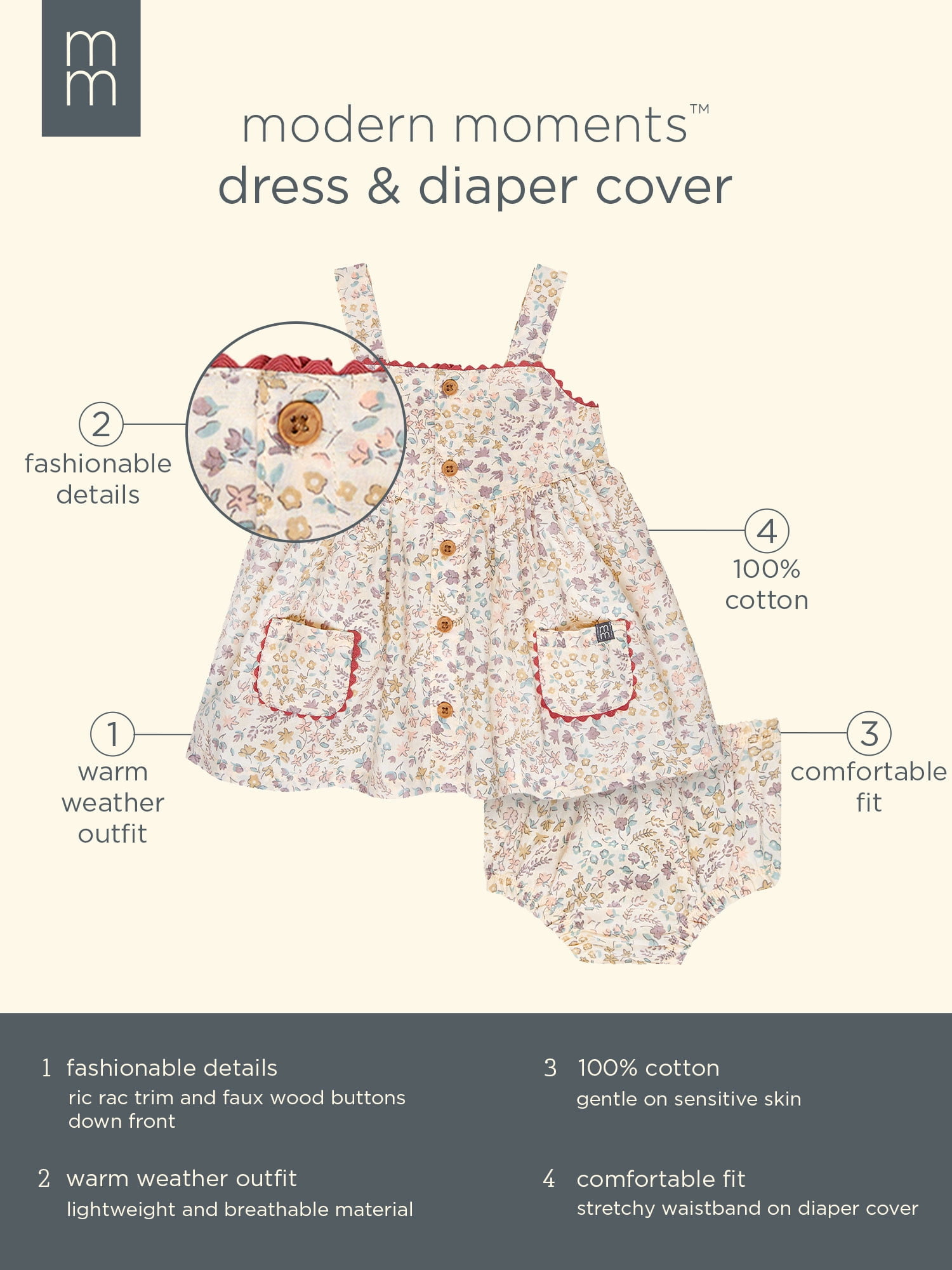 Modern Moments by Gerber Baby Girl Soft Dress with Ric-Rac Detail and Diaper Cover, 2-Piece, Sizes 0/3 Months - 24 Months