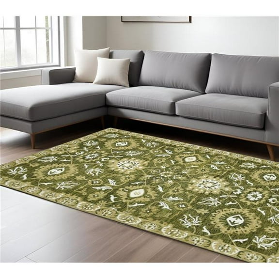 HomeRoots 570414 9 x 13 ft. Olive Green Ivory & Light Brown Wool Floral Medallion Hand Hooked Rectangle Area Rug