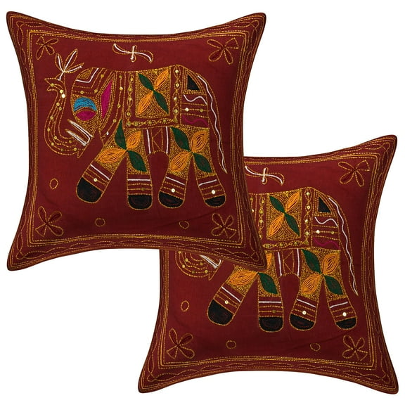 Stylo Culture Indian Chair Seat Throw Pillow Covers 16 x 16 Gold Thread Embroidered Maroon Ethnic 40x40 cm Home Decor Cotton Elephant Square Cushion Covers | Set Of 2