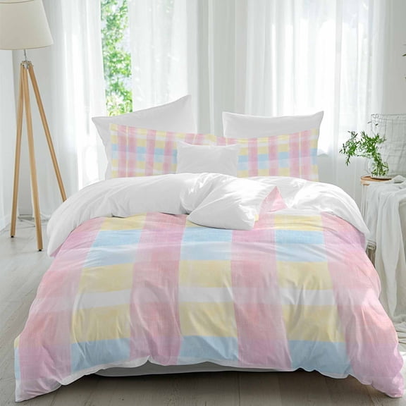 3 Piece Colorful Plaid Duvet Cover Set Full Size,Microfiber Comforter/Quilt Cover with Corner Ties and 2 Pillowcases,Modern Pink Blue Yellow Stripes Checked All Season Bedding with Zipper Closure