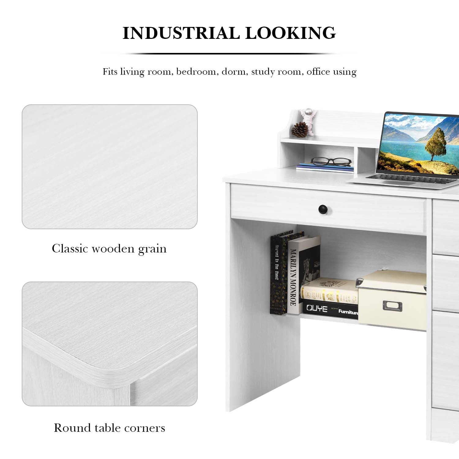 4 Ever Wooden L-Shaped Desk with Hutch & Storage, White