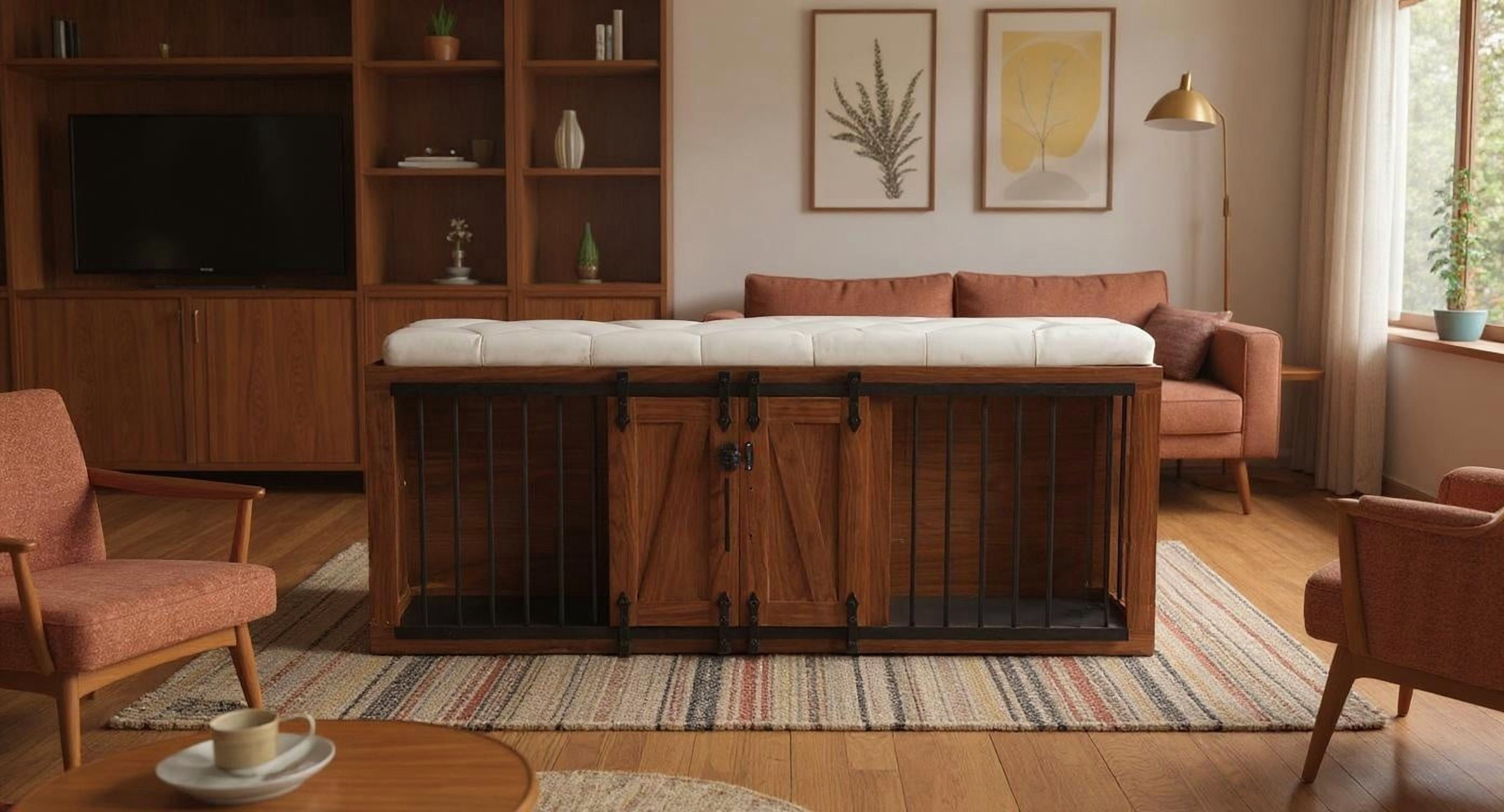 Euroco 56"L, Furniture Style 2 in 1 Dog Crate with Padded Seat, Sliding Barn Door, Luxury Wooden Dog Kennel, End of Bed Bench Ottoman with Removable Cushion for Bedroom, Living Room, Walnut