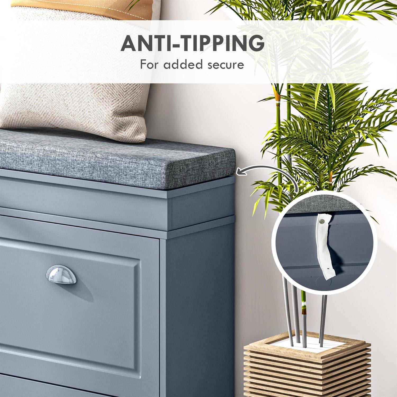 Demi Bonn 41" Shoe Storage Bench with Cushion and Drawers, Organizer for Entryway, Comfortable Sitting and Storage for 8 Pairs of Shoes, Gray