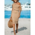 thumbnail image 3 of Cupshe Women's Knit Off Shoulder Beach Dress Shoulder Tie Short Sleeve Elastic Waist Midi Casual Dresses, Brown, 3 of 6