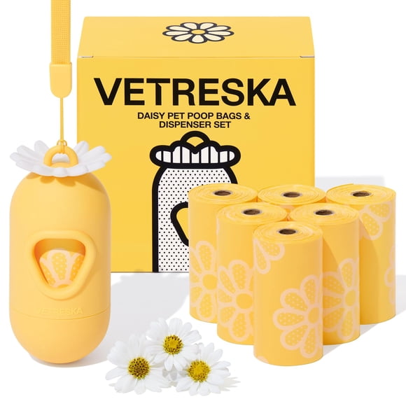 VETRESKA Dog Poop Bag Holder with Daisy Scented Bags Dispenser for Leash Leak-proof Pet Waste Bags for Dog Walking 1 Holder and 105 Bags (7 Refill Rolls)