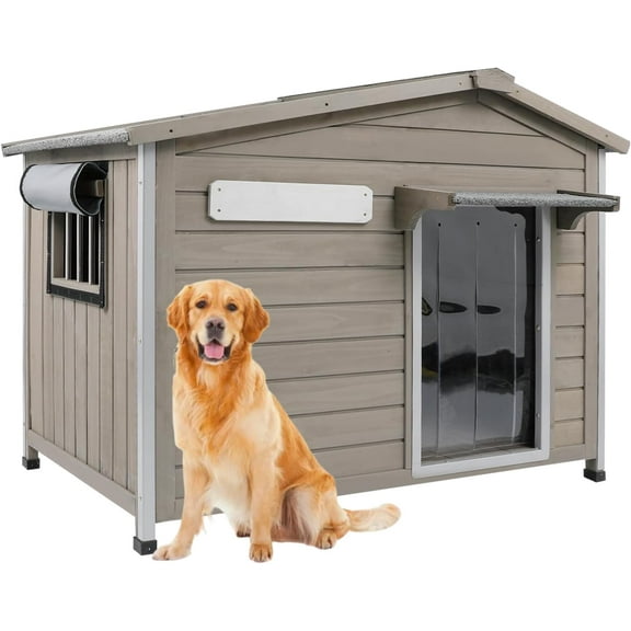 PETSCOSSET 40"L Outdoor Dog House, Wooden Dog Kennel with Asphalt Roof for Medium Dog, Gray