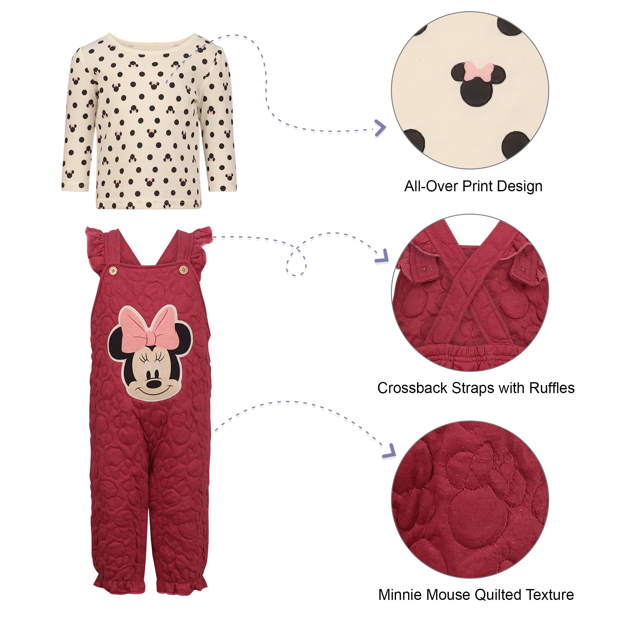 Disney Clothes Baby Girls 2-Piece Overall Set – Long Sleeve Top with Suspender Romper Minnie, Pooh, Bambi & Marie (Newborn–Infant)