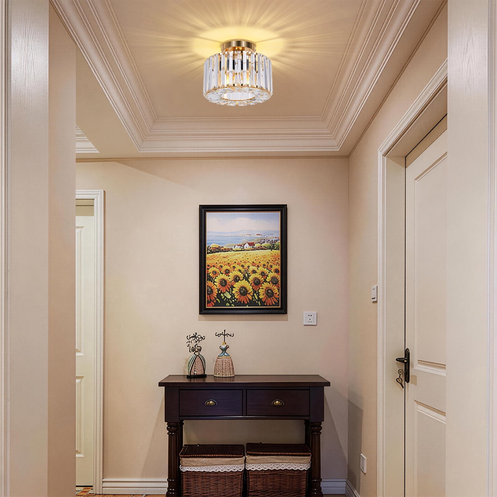 FRIDEKO HOME 9" Crystal Semi Flush Mount Ceiling Light, E26 Base, Modern Gold Small Ceiling Light Fixture for Hallway、Kitchen、Entryway、Bedroom、Bathroom (Bulb not Included)