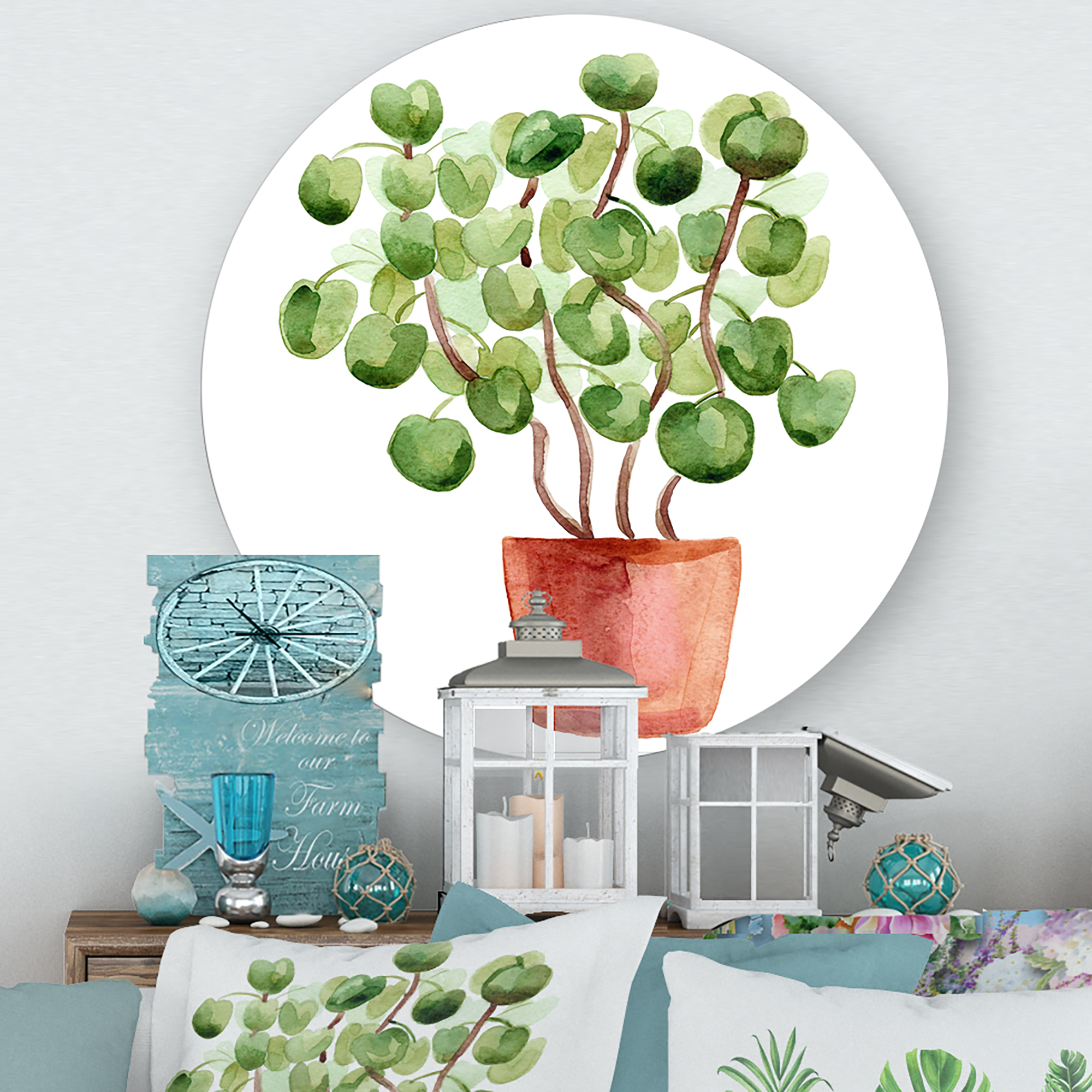 Designart 'Abstract Chinese Money Plant In Pot' Traditional Circle Metal Wall Art 23x23 - Disc of 23