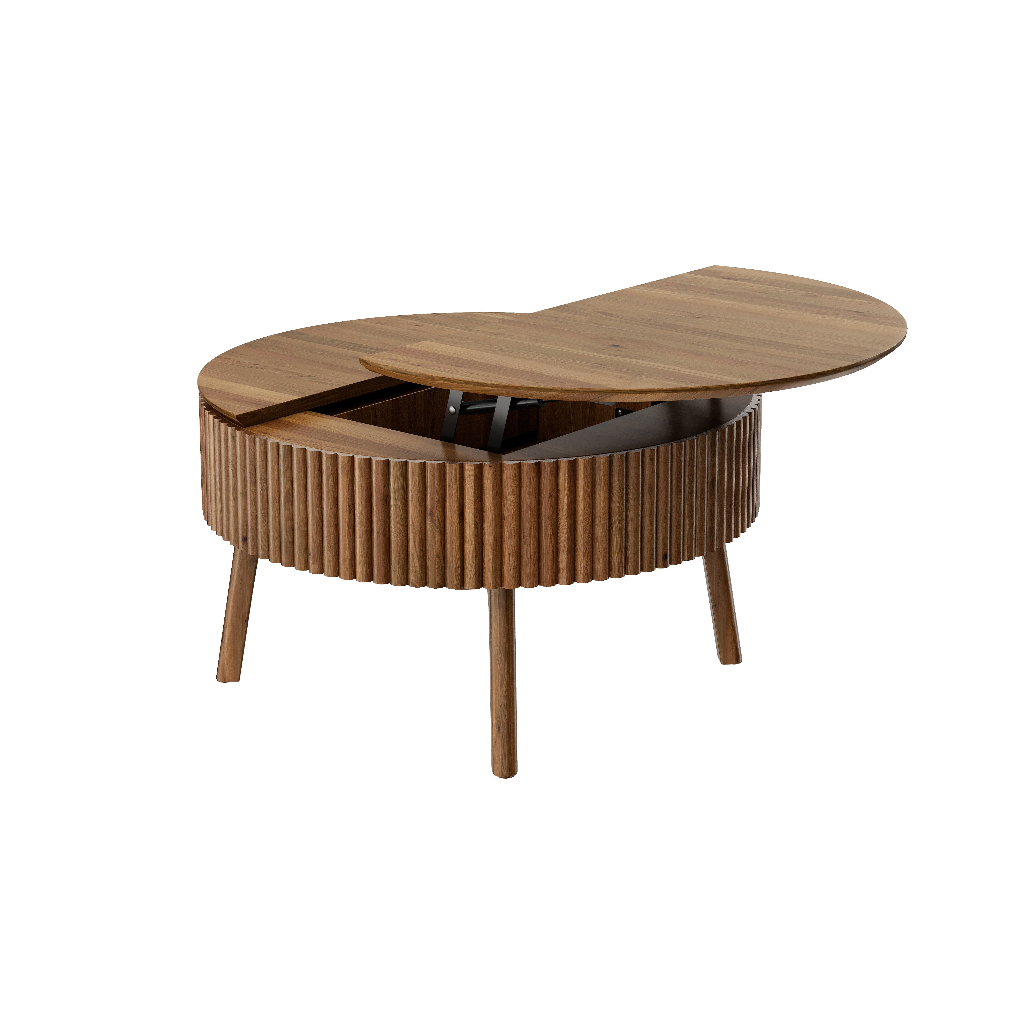 30.3-Inch Round Lift-Top Coffee Table with Half Flip-Top and Hidden Storage, Mid-Century Fluted Wood Center Table and Side Table for Living Room, Walnut