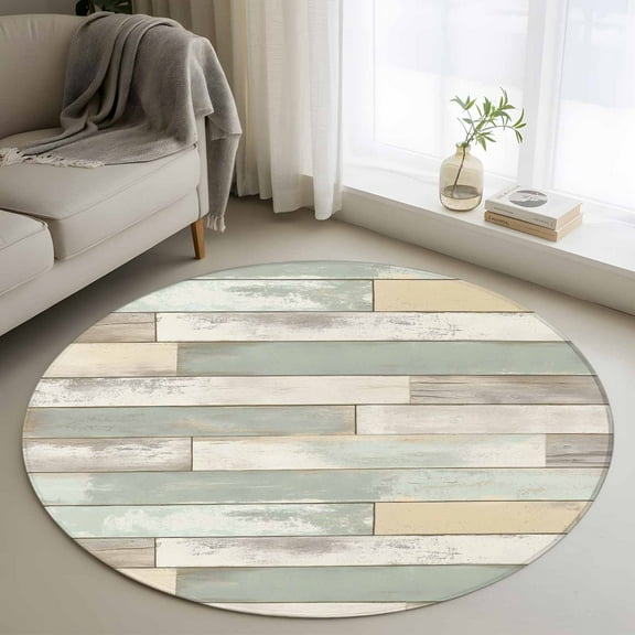 Beige Light Green Round Rug 3ft Washable Circle Entryway Rugs Non Slip Farmhouse Wooden Striped Area Rug Indoor Floor Carpet for Bedroom Kitchen Living Room Home Office Dining Room Nursery