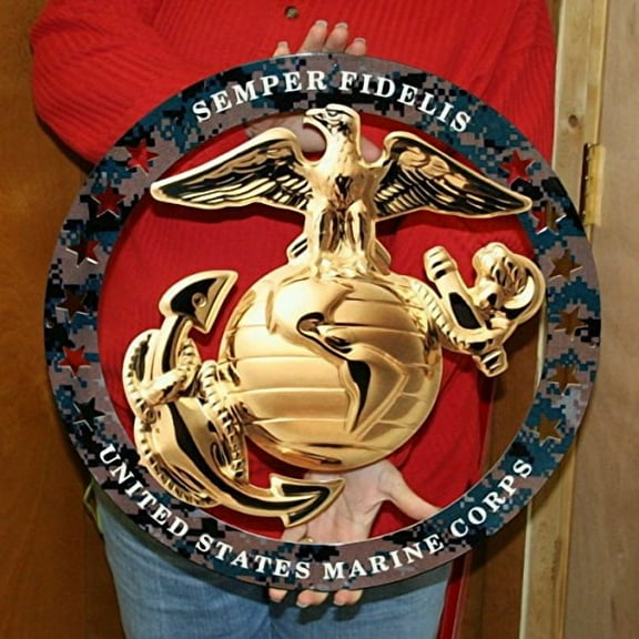 USMC Enlisted EGA Round Metal Wall Hanging Sign - Marine Corps Semper Fi : 19"x19"