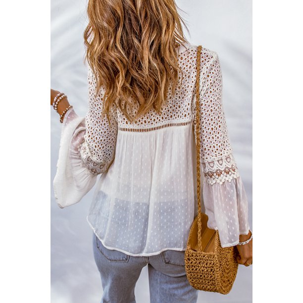 ABPHQTO Blusa de lunares suizos ahuecados de croché de encaje blanco para mujer