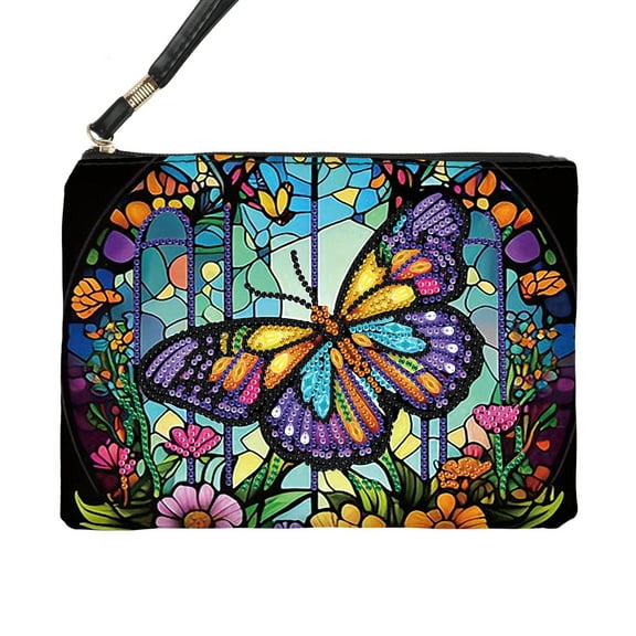 Diamond Painting Kit Bag, Forest Colorful Butterfly 5D DIY Special Diamond-Shaped Cosmetic Bag, Storage Wallet