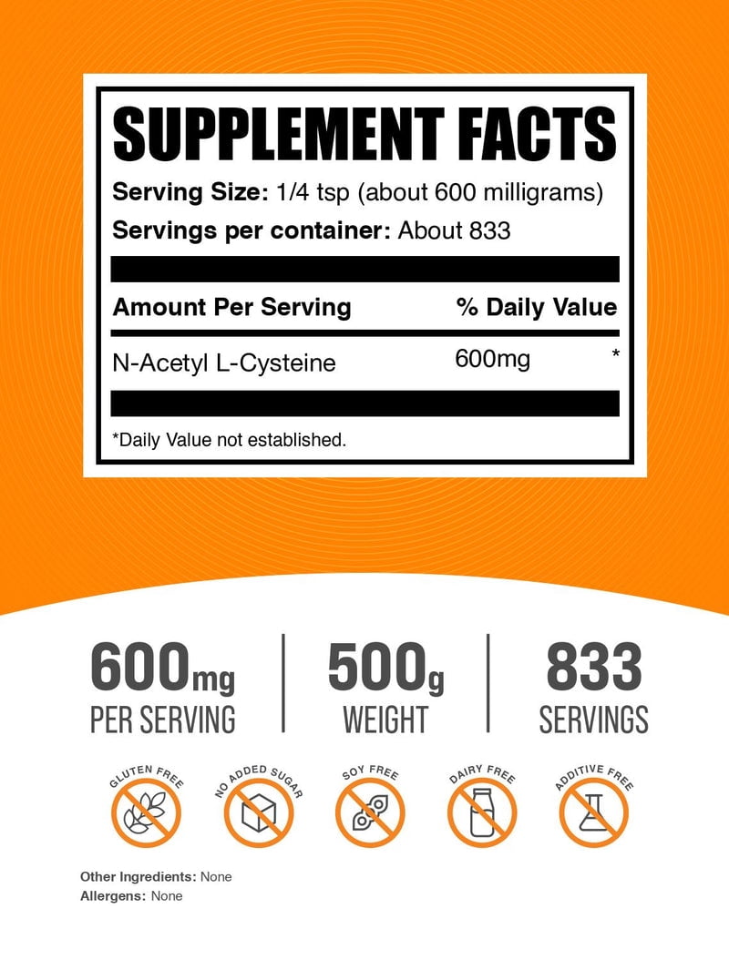 BulkSupplements N-Acetyl L-Cysteine (NAC) Powder, 600mg Per Serving - 500 Grams (1.1 lbs) - 833 Servings