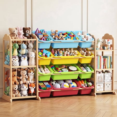 Yecaye Toy Storage Organizer, Stuffed Animal Storage Kids Bookshelf with 12-Drawer, 57.5 in L x 13 in W x 31.5 in H