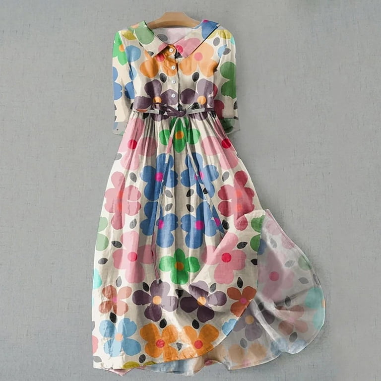 Tosmy Summer Dress Female Dresses Lace Up Waist Defined Shirt Midi Dress  Summer Half Sleeve Trendy A Line Dress Travel Vacation 2024 - Walmart.com