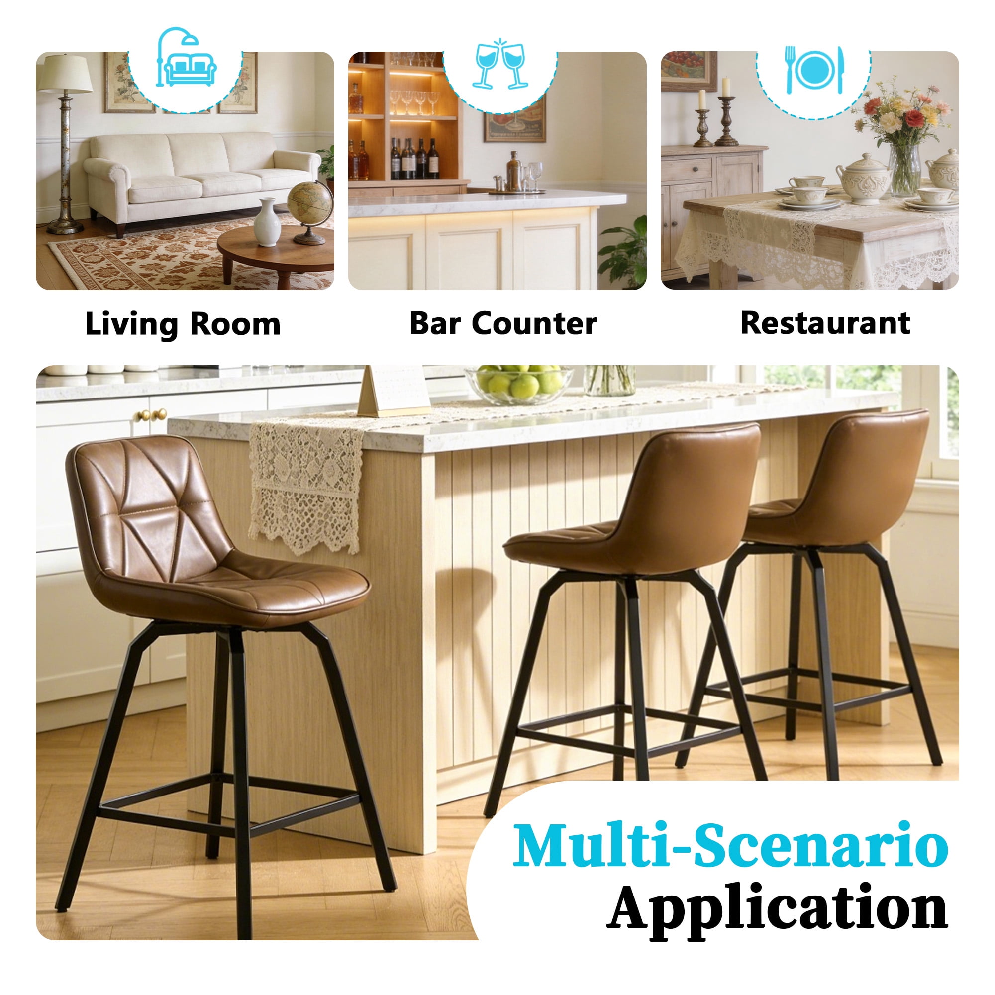 ClinQ 26 inch Swivel Counter Height Bar Stool Set of 3, Faux Leather Seat with Metal Legs and Back, Darkbrown