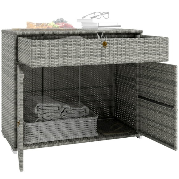 Outsunny Wicker Outdoor Storage Cabinet, Pool Towel Storage Cabinet, Grey