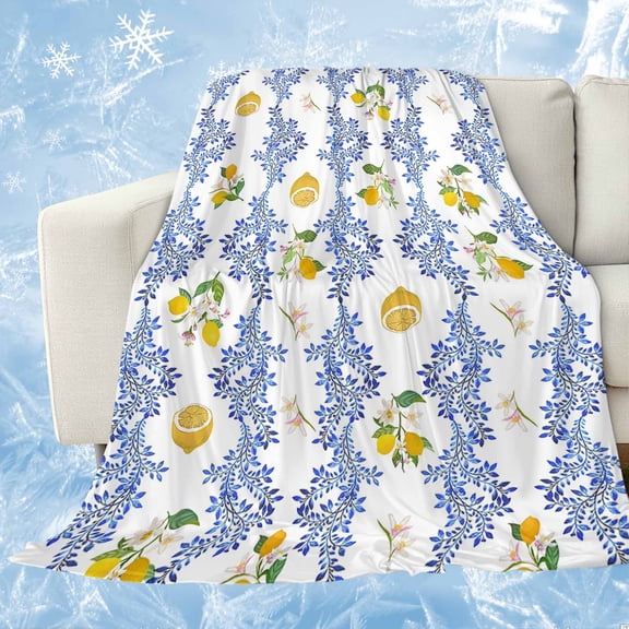 Summer Lemon Cooling Blanket, Lightweight Breathable Summer Throw Blanket with Double Sided Cold Effect, Navy Blue Spring Floral Botanical Picnic Beach Blankets Bed Sheet for Hot Sleepers 60"x80"