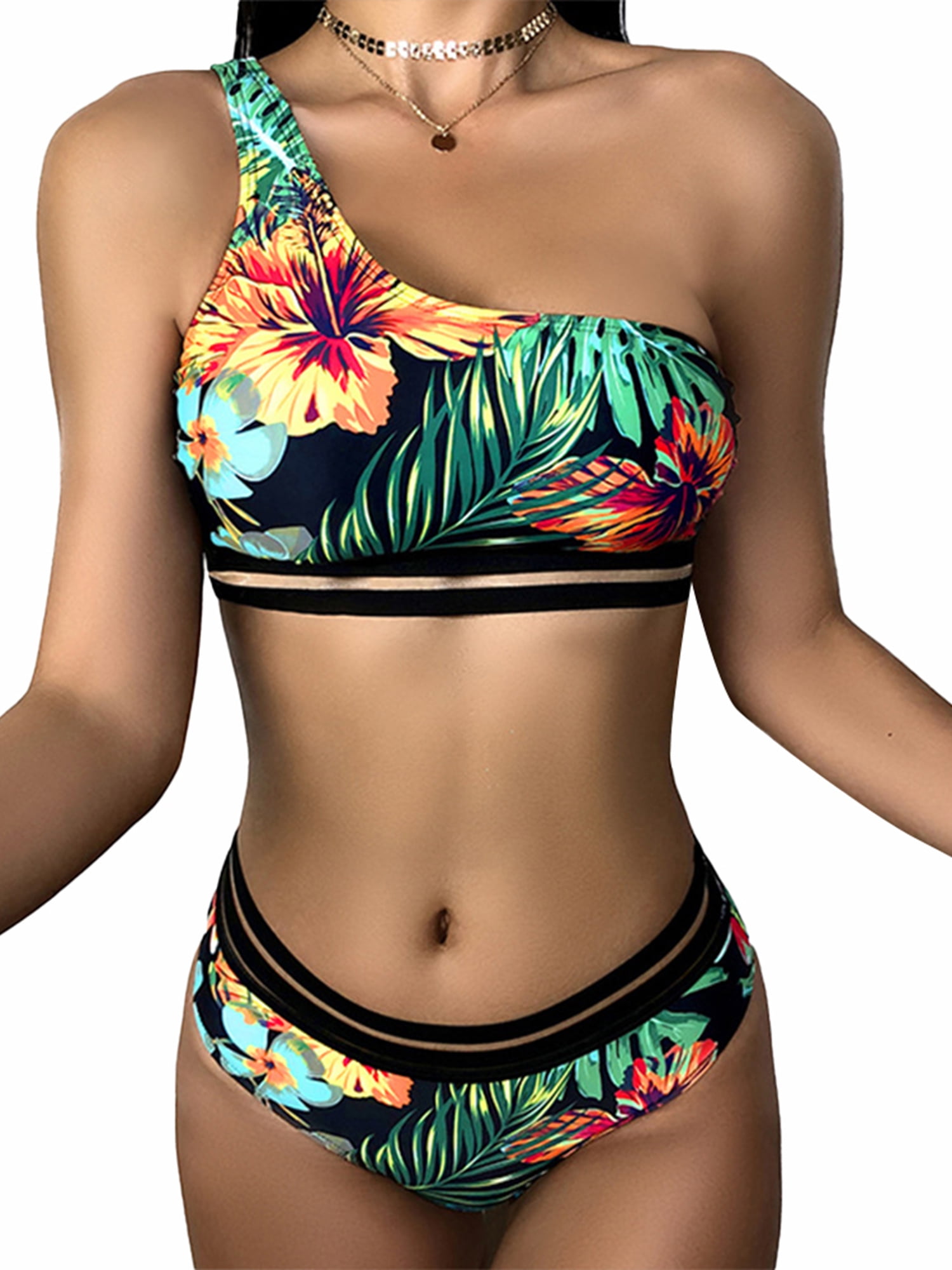 M, Multicolor TodaiesHot Sale!Plus Size Women Off Shoulder Swimwear Bikini 1 PCS Print Push-Up Padded Beachwear 2018