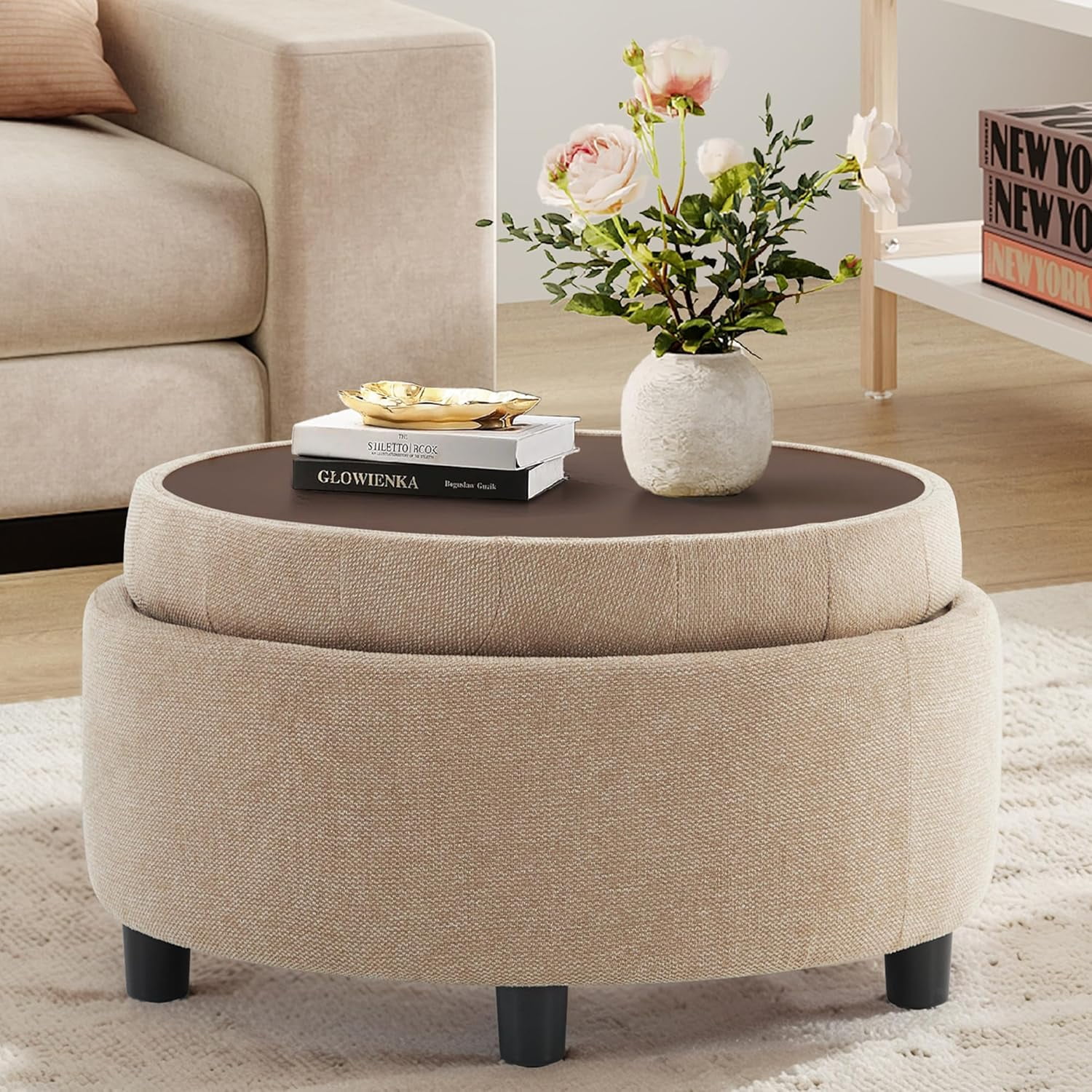 Fabric Round Storage Ottoman with Reversible Tray Lid – Multi-Functional Footrest Hidden Storage Sturdy & Stylish Small Coffee Table for Living Room Bedroom or Entryway(Camel)