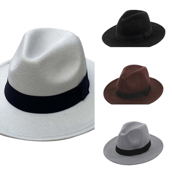 AJGRHE Mens Wool Fedora Hat with Band Classic Wide Brim Fedora Hat for Men Women Panama Dress Hat Light Gray One Size