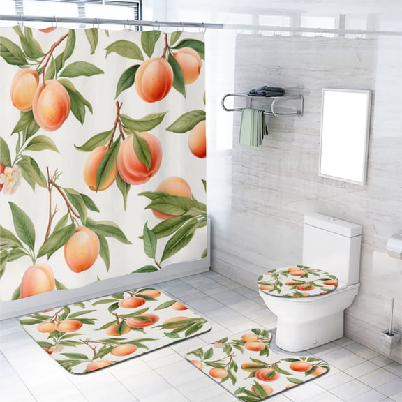 Peach 4 Pcs Shower Curtain Set Watercolor Fruits Floral with Toilet Lid Cover and Bath Mat, Waterproof Shower Curtain with 12 Hooks, 72x72 Inch
