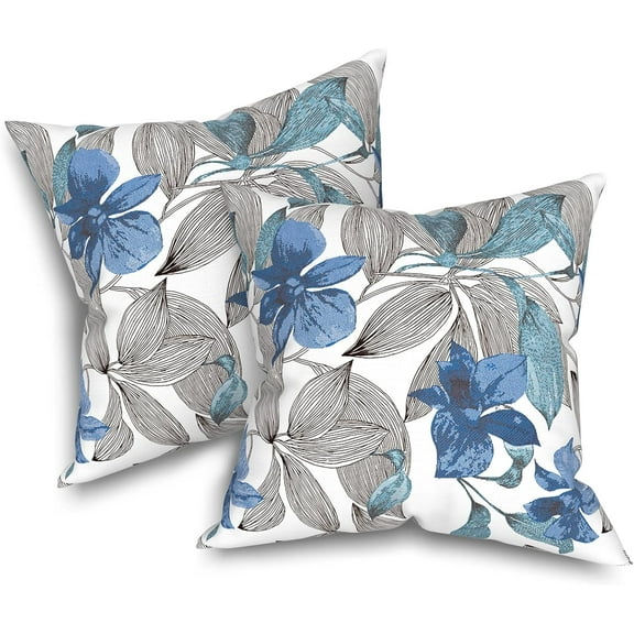 Patio Throw Pillows with Inners, Fade Resistant Square Pillow Pack of 2, Decorative Garden Cushions for Home, 18x18 Inch,Clemens Blue