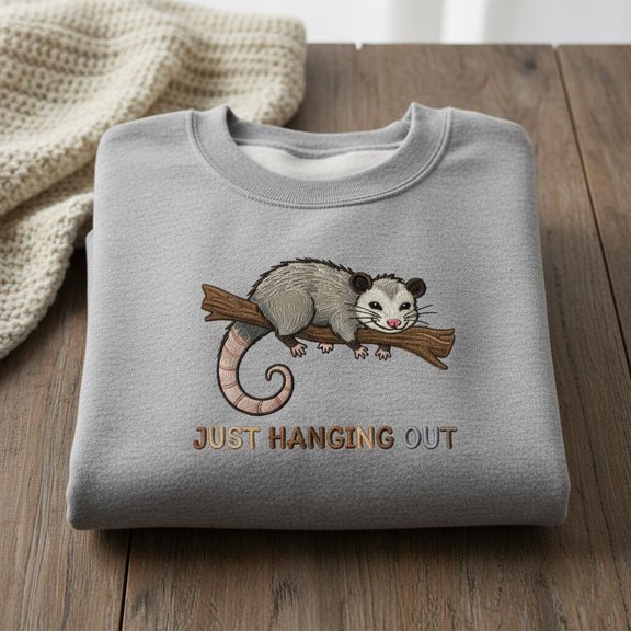 Just Hanging Out Opossum Embroidered Sweatshirt, Lazy Possum Shirt, Funny Animal Quote Hoodie, Cute Wildlife Embroidery Crewneck