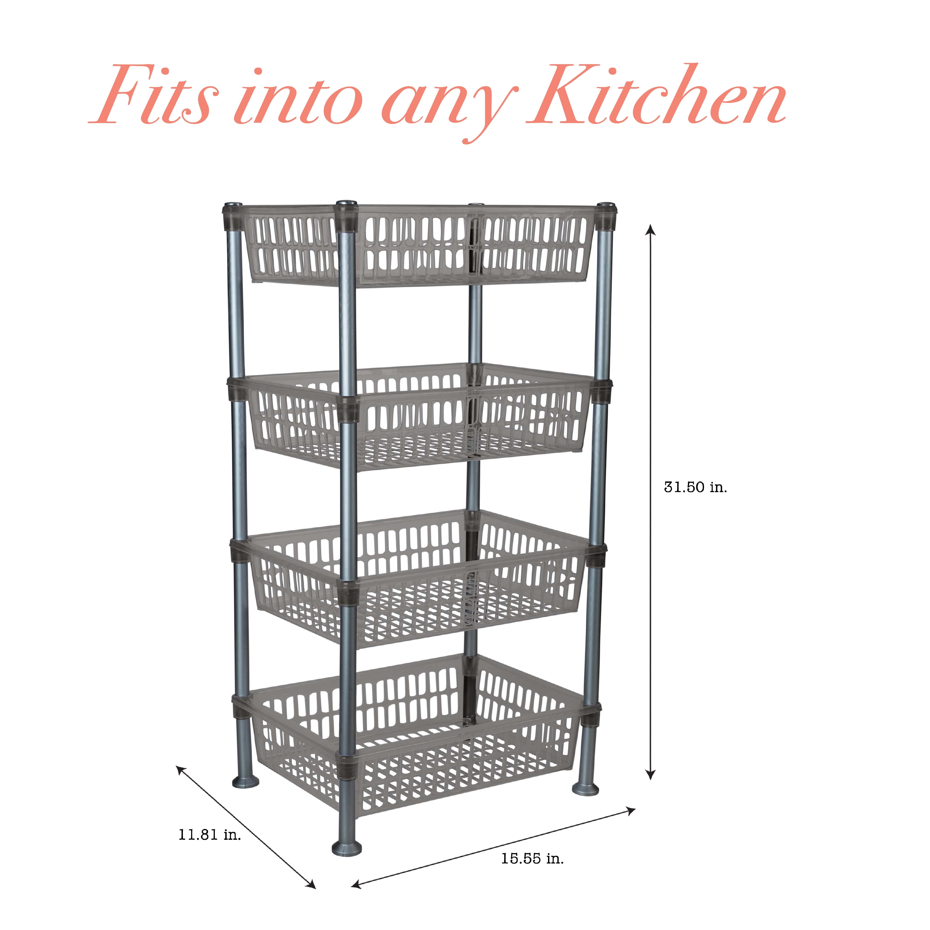 Kitchen Details Slim 4-Shelf Plastic Freestanding Shelves, Smoke Gray