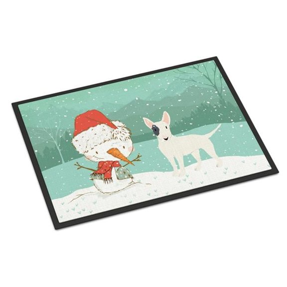18 x 27 in. White Spot Bull Terrier Snowman Christmas Indoor or Outdoor Mat