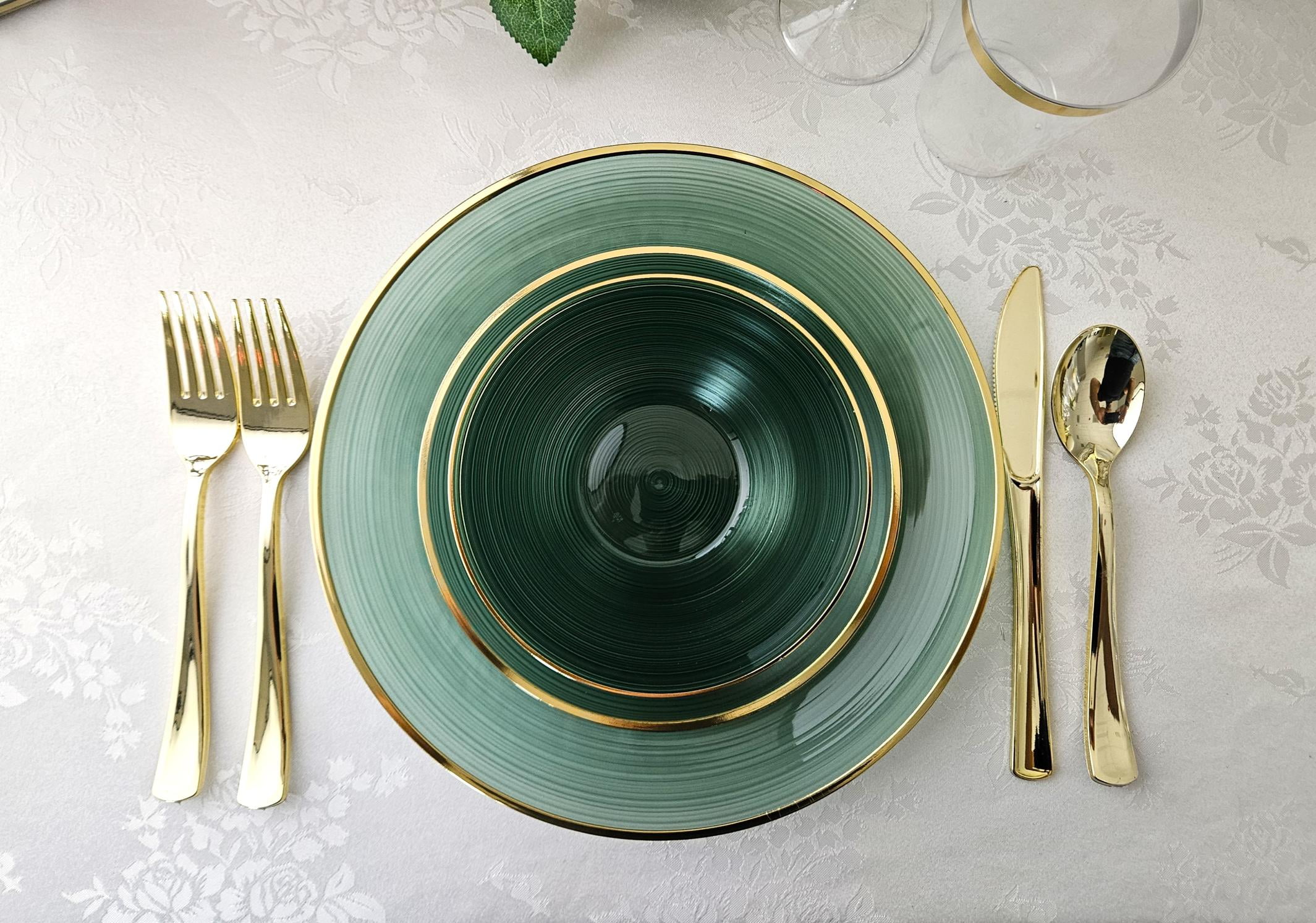 " OCCASIONS " 50 Plates Pack (25 Guests)-Wedding Party Disposable Plastic Plate Set -25 x 10'' Dinner + 25 x 7'' Salad & Dessert plates (Belize in Green & Gold)