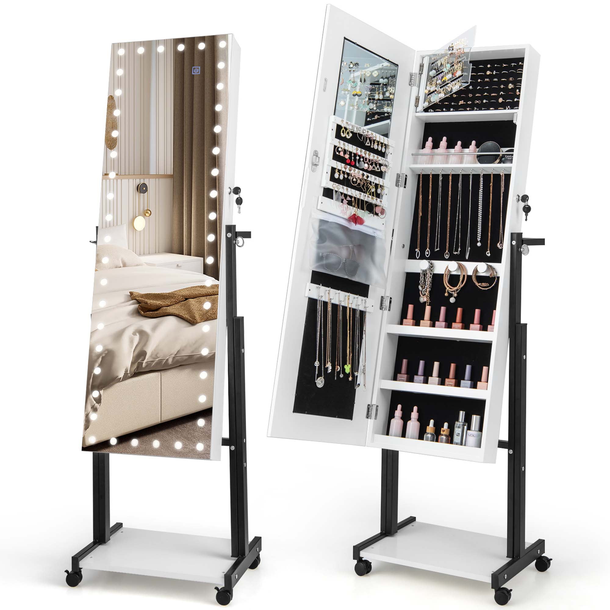 Armoire à Bijoux Pivotante 360° 3-en-1 Avec Miroir Pleine Longueur Et Porte-manteau (multicolore)