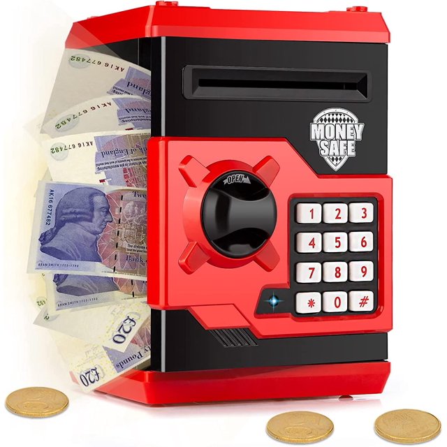 Hucha para niños, mini alcancía roja con cajero automático, caja de ahorros para niños, alcancía electrónica, caja de ahorro de monedas para niños, caja de seguridad con dibujos animados