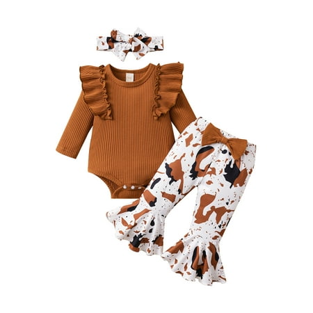 

Mubineo Infant Baby Girl Autumn Jumpsuit Set Solid Ribbed Long Sleeve Romper + Print Flare Pants + Bow Headband