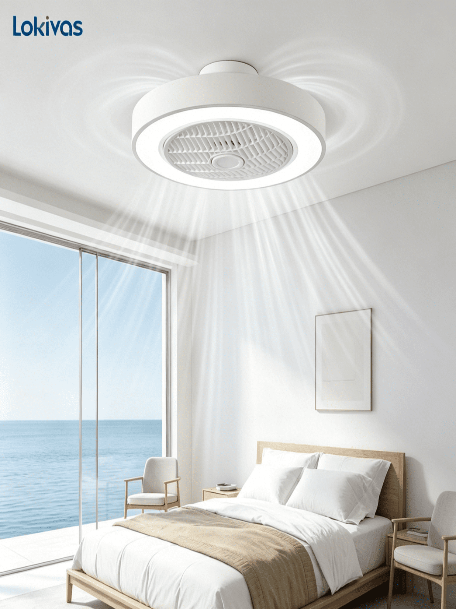 Lokivas 20in Modern Ceiling Fan with Light and Remote, Smart App Control, 6 Speeds, Low Profile with Quiet DC Motor for Living Room, Bedroom, White