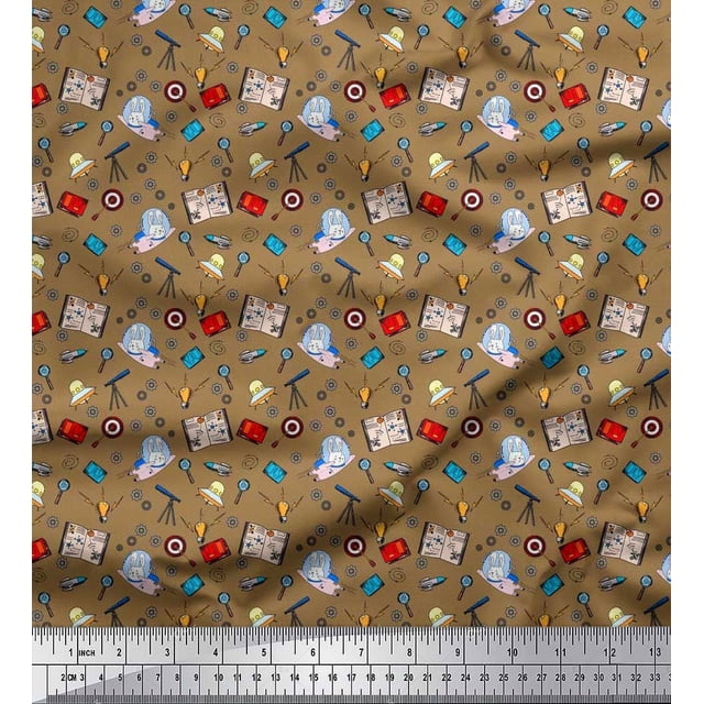 Soimoi Polyester Crepe Fabric Book,Magnifier & Telescope Education Theme Print Sewing Fabric Yard 52 Inch Wide