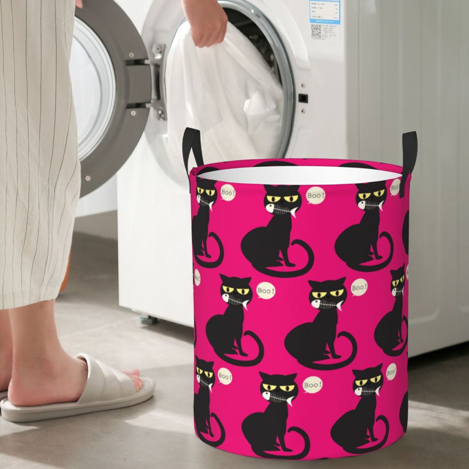 Large Laundry Basket with Handles - Cartoon Black Cat Fishbone Kids Baby Dirty Clothes Laundry Hamper for Bedroom Aesthetic