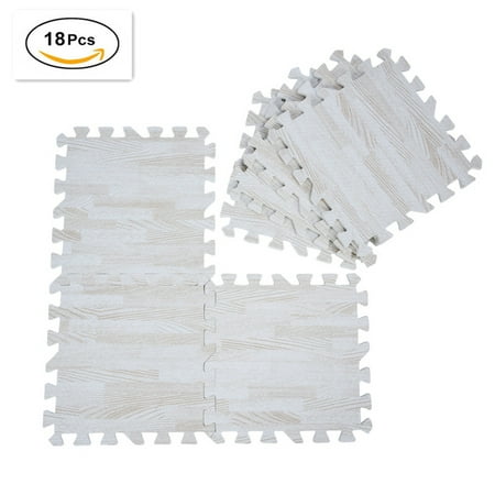 18pcs 30×30cm Wood Grain Floor Mat 0.4 inch Thick Interlocking Flooring Tiles with Borders for Exercise Fitness Gym Soft Yoga Trade Show Play Room(White Wood