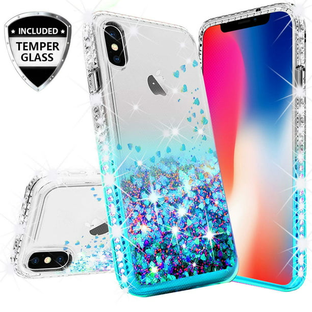 Compatible for Apple iPhone Xs Max Case, with [Temper Glass Protector] SOGA Diamond Glitter Liquid Quicksand Cover Cute Girl Women Case for iPhone Max 6.5 [Clear/Teal] - Walmart.com