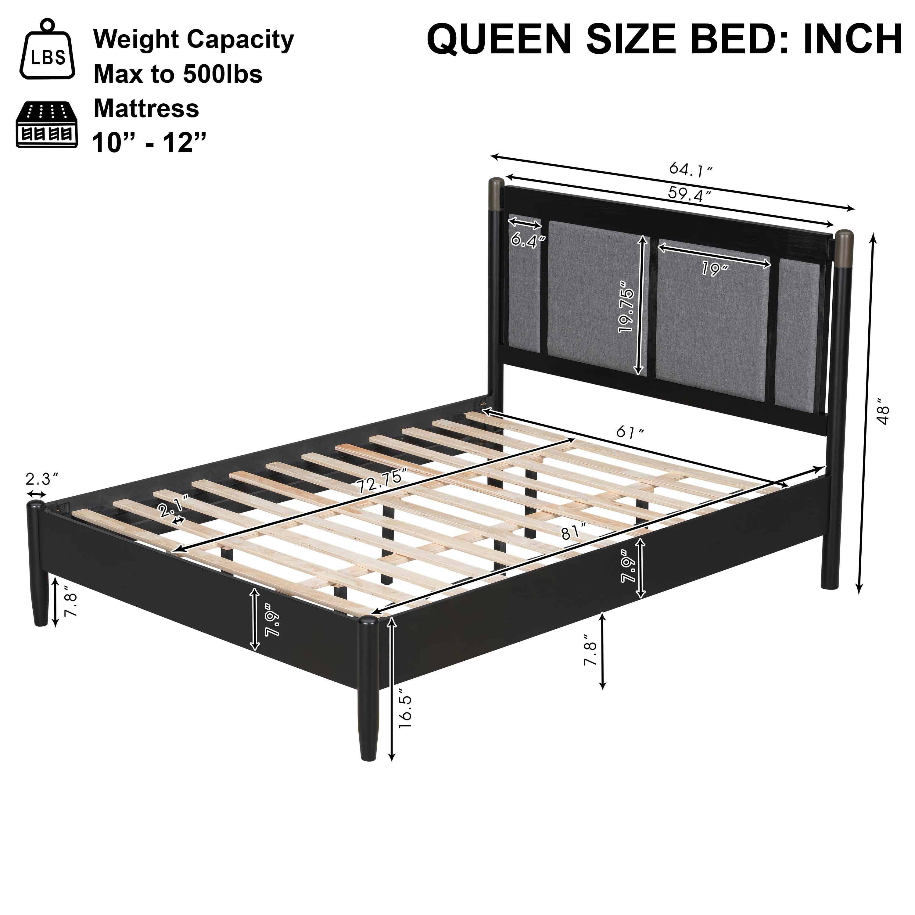 Queen Bed Frame 81 Inch, Solid Wood Platform Bed with Upholstered Headboard and Metal Handles, Heavy Duty Bed Frame with 500 lbs Support, Black